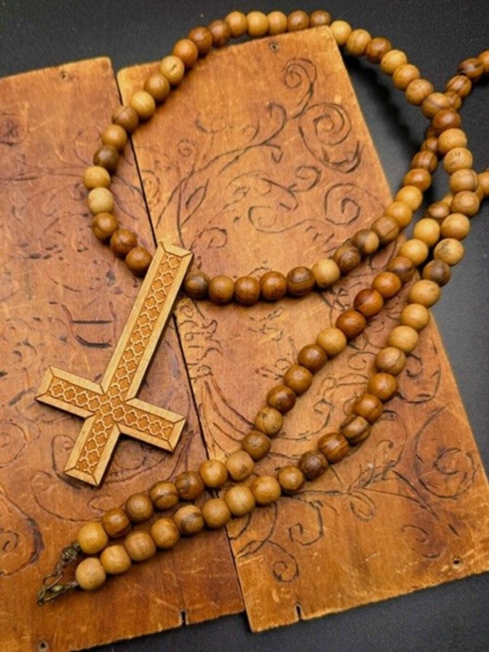 Petrine Cross Saint Peter Demonic Vintage Wooden Necklace 1970s